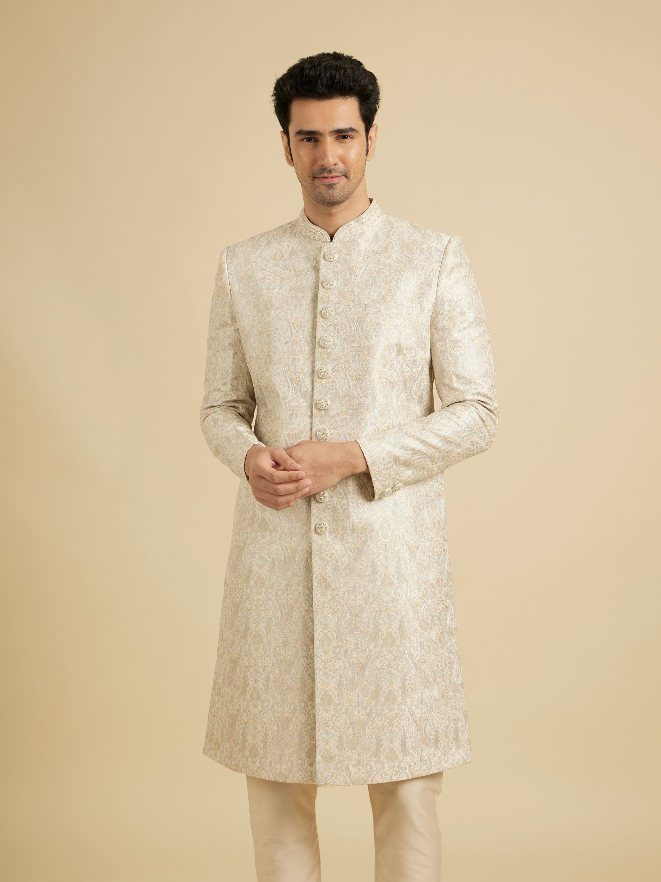 Manyavar Men Soft Beige Jaal Medallion Patterned Sherwani Set