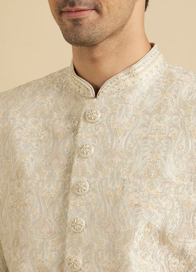 Manyavar Men Soft Beige Jaal Medallion Patterned Sherwani Set