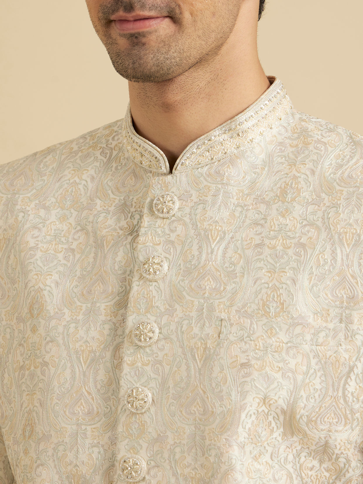 Manyavar Men Soft Beige Jaal Medallion Patterned Sherwani Set
