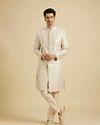 Manyavar Men Soft Beige Jaal Medallion Patterned Sherwani Set