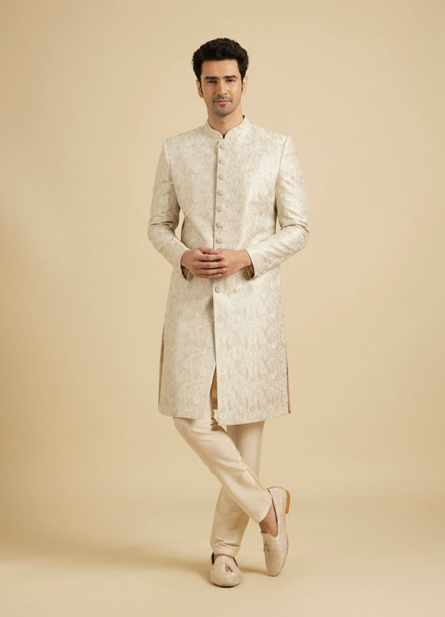 Manyavar Men Soft Beige Jaal Medallion Patterned Sherwani Set