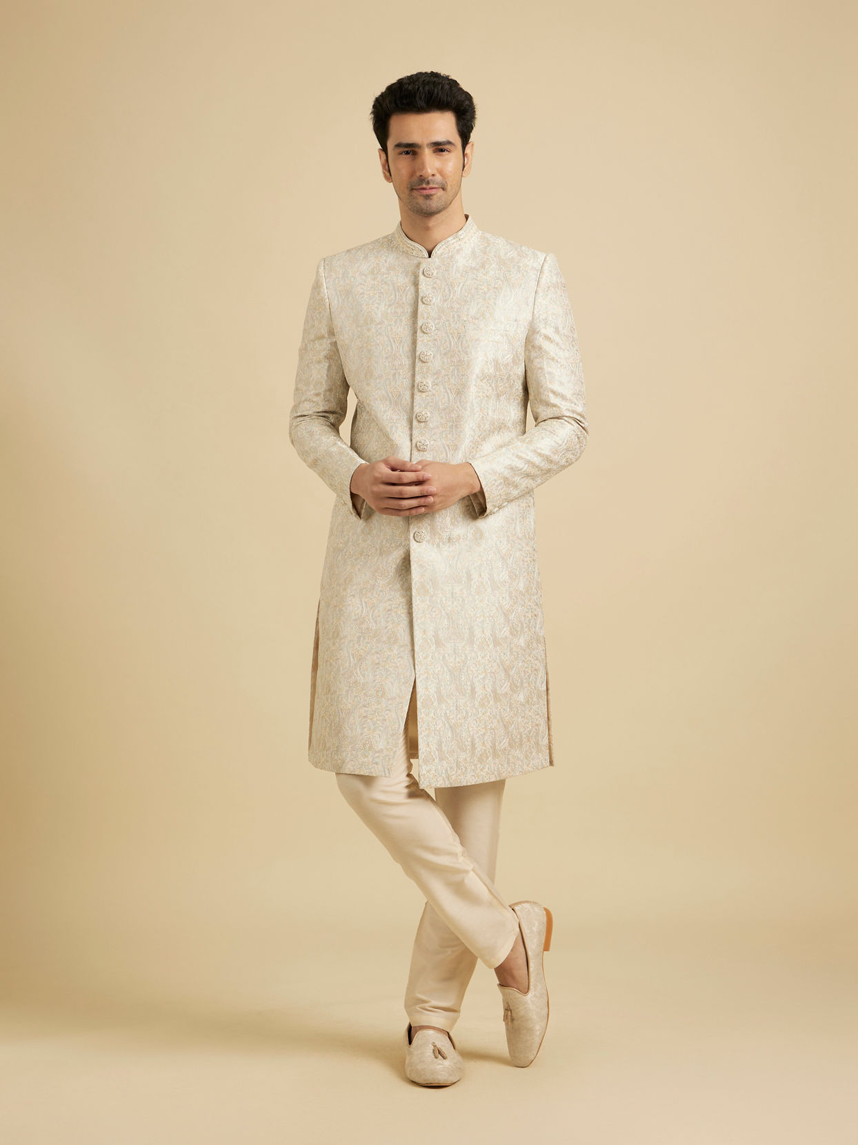 Manyavar Men Soft Beige Jaal Medallion Patterned Sherwani Set