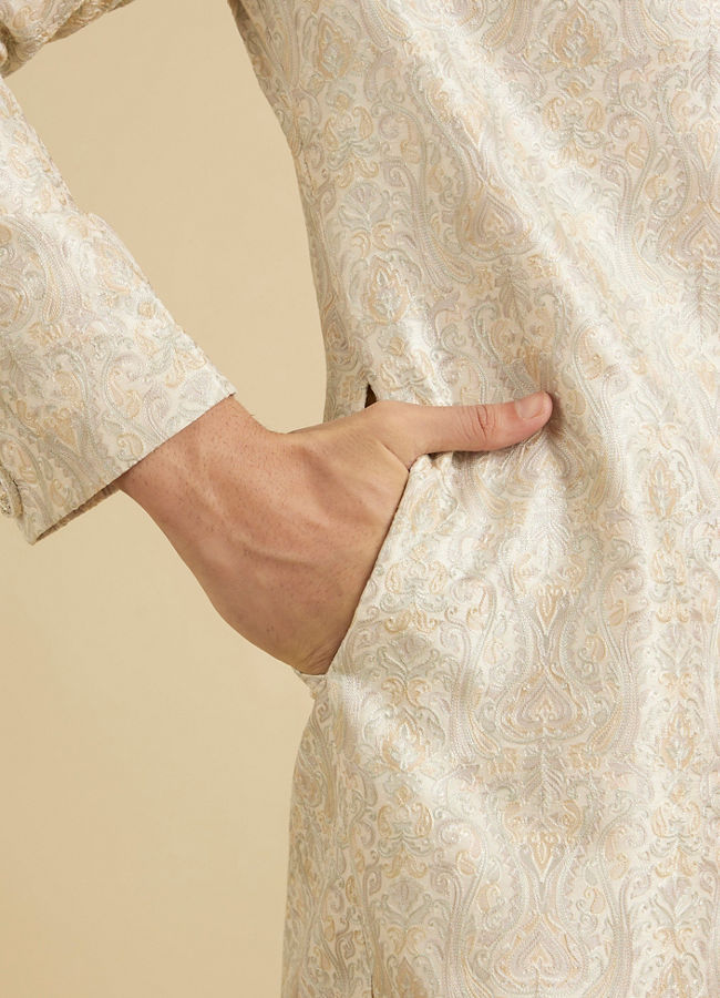 Manyavar Men Soft Beige Jaal Medallion Patterned Sherwani Set