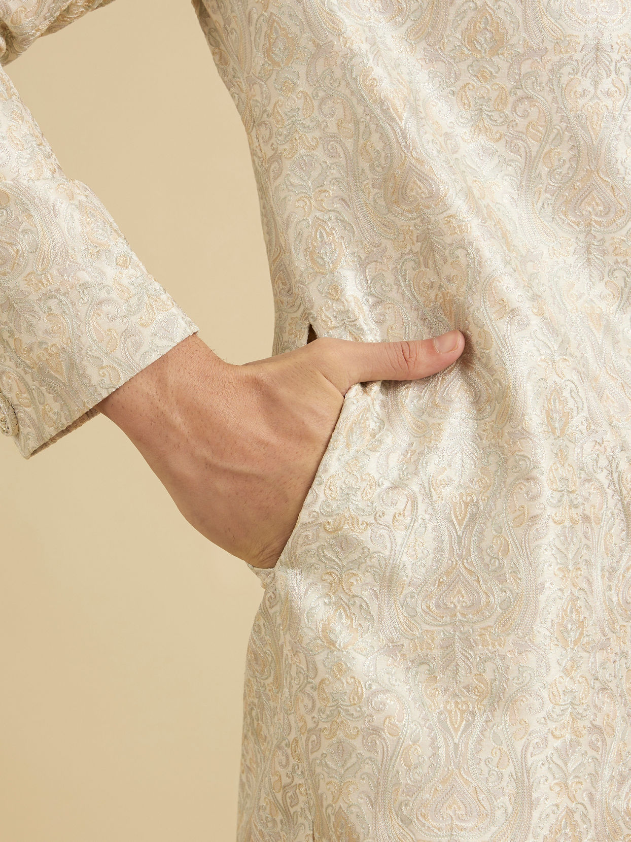 Manyavar Men Soft Beige Jaal Medallion Patterned Sherwani Set