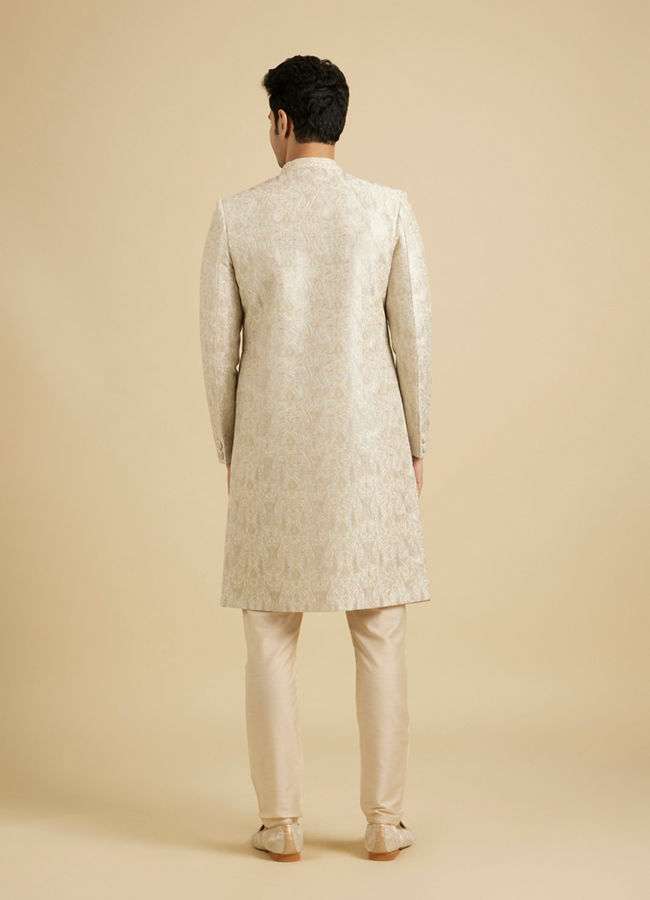 Manyavar Men Soft Beige Jaal Medallion Patterned Sherwani Set