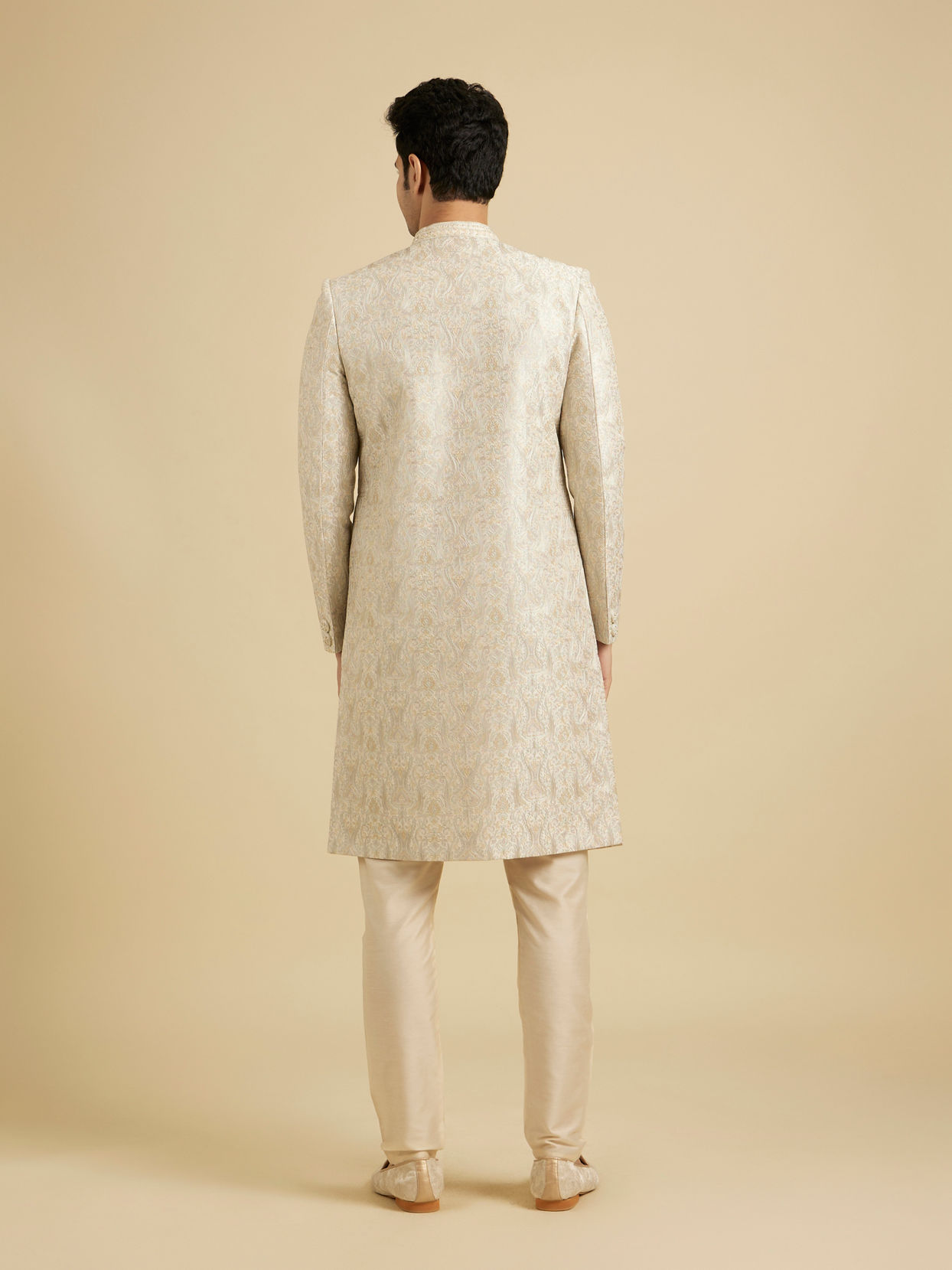 Manyavar Men Soft Beige Jaal Medallion Patterned Sherwani Set