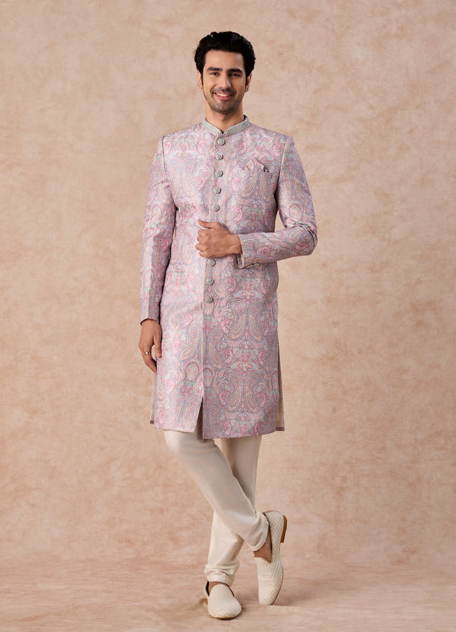 Manyavar Men Lilac Art Silk Patterned Sherwani Set