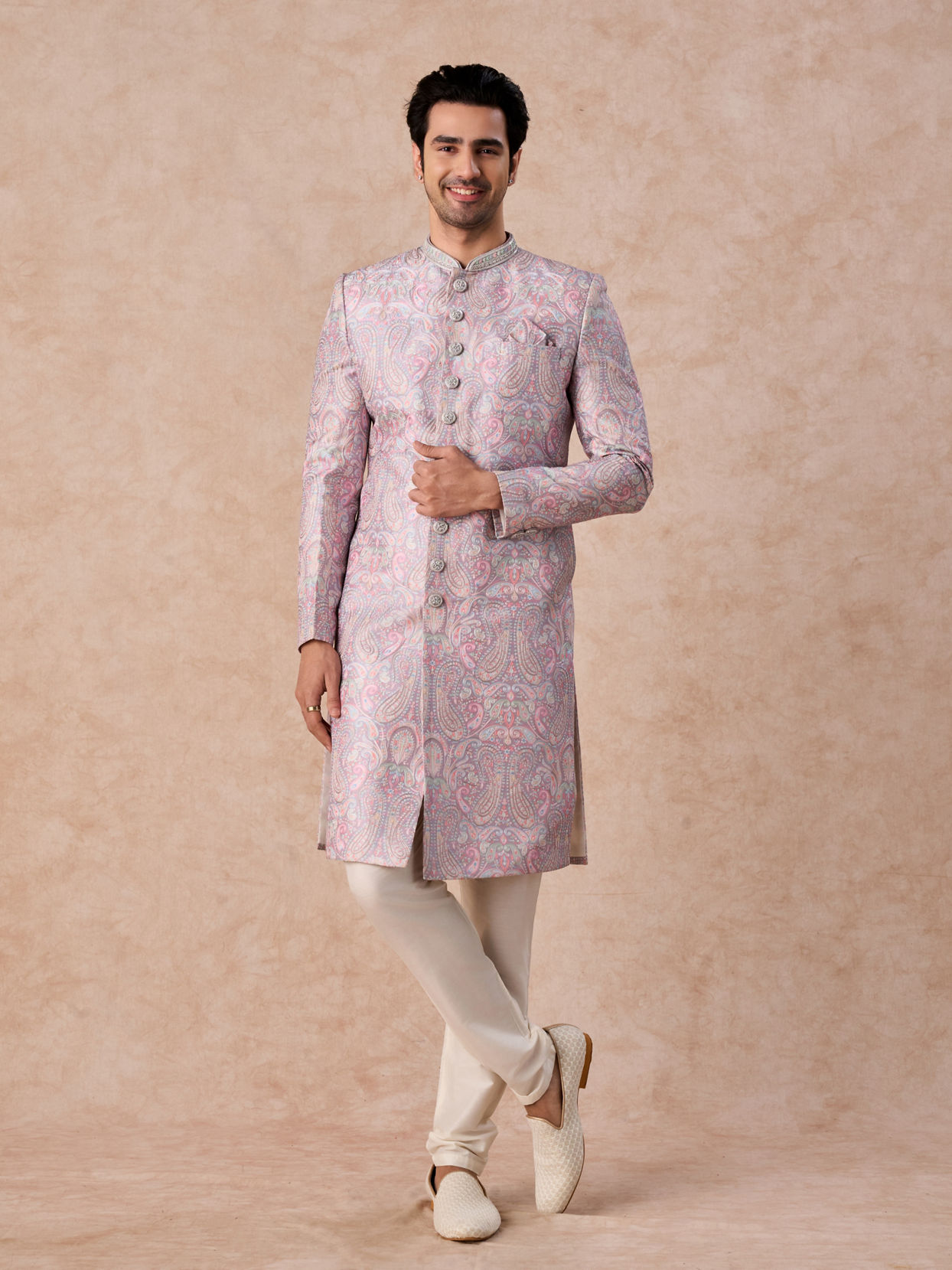 Manyavar Men Lilac Art Silk Patterned Sherwani Set