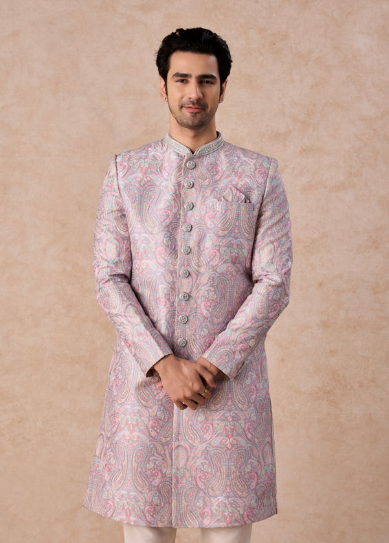 Manyavar Men Lilac Art Silk Patterned Sherwani Set