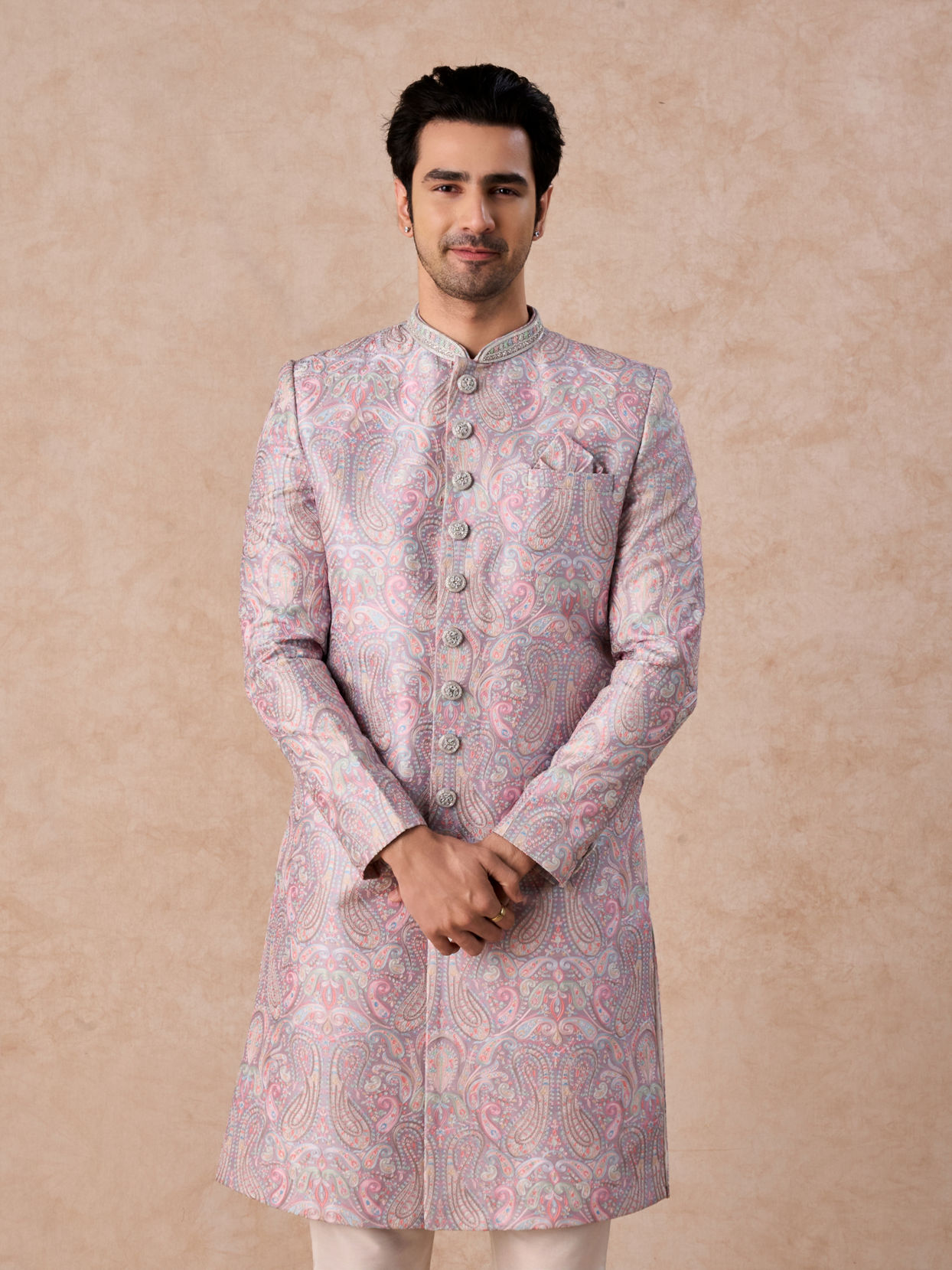 Manyavar Men Lilac Patterned Sherwani Set