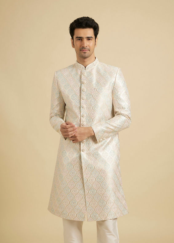 Manyavar Men Cream Pearl Embellished Sherwani