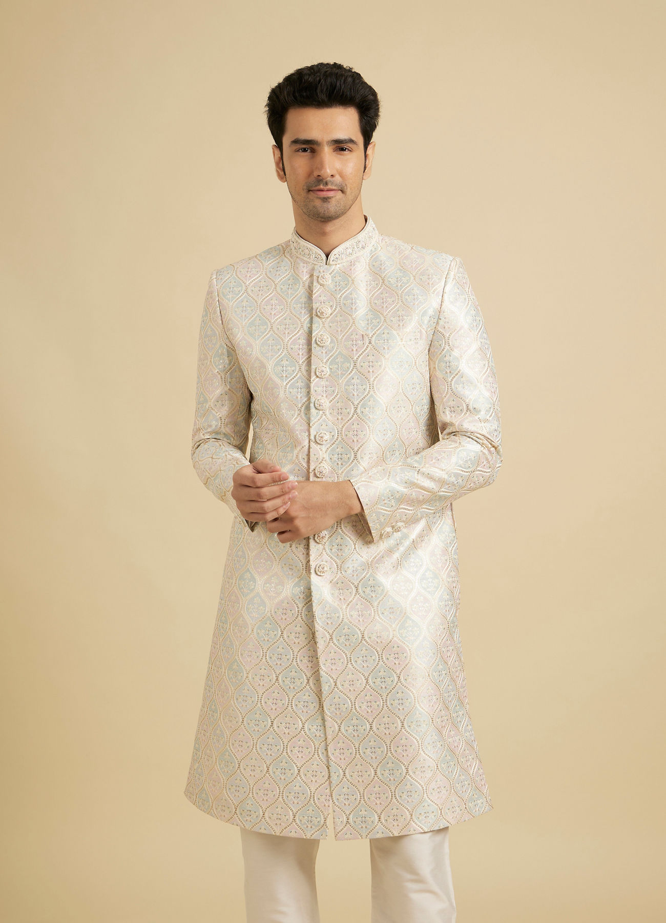 Manyavar Men Cream Pearl Embellished Sherwani