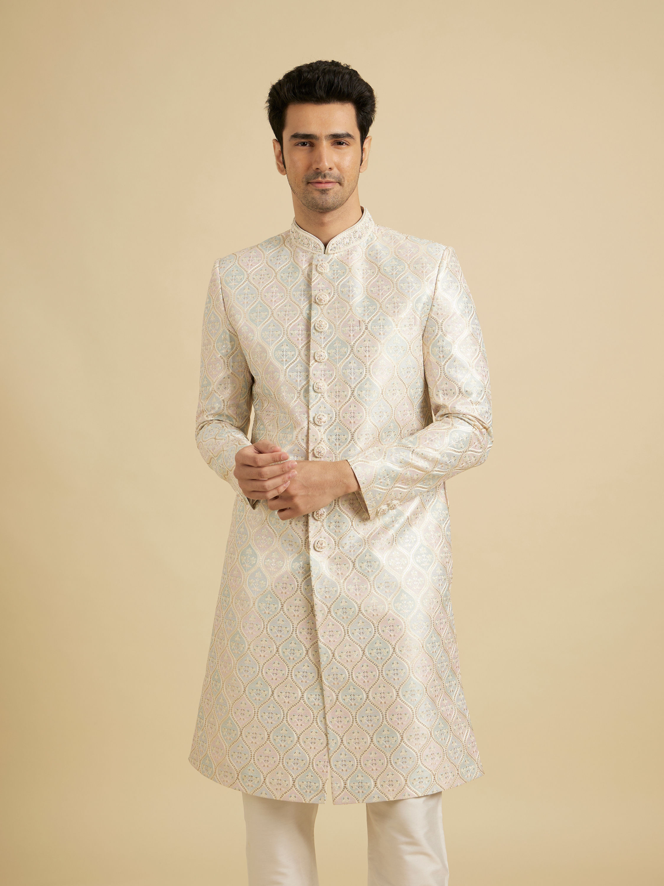 Manyavar Men Cream Pearl Embellished Sherwani
