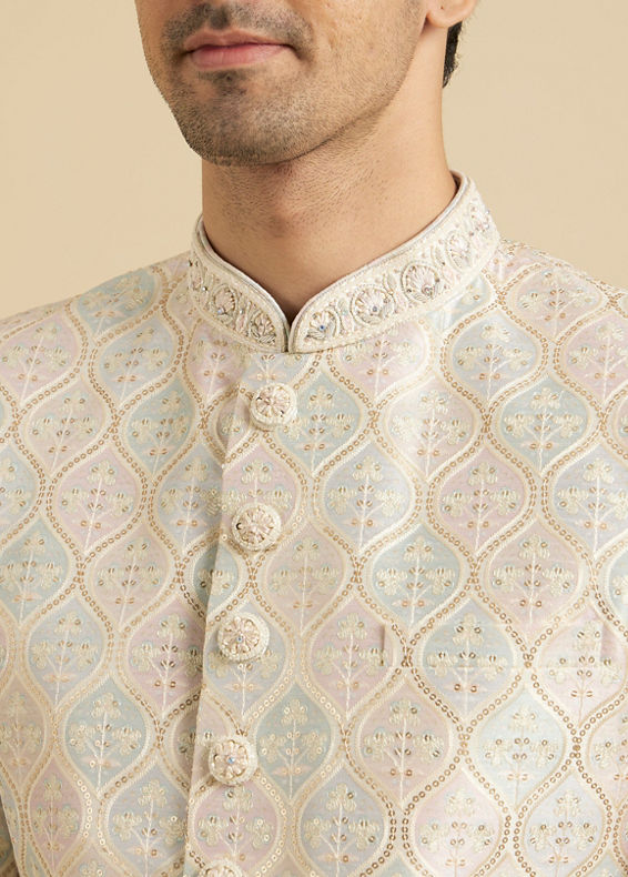 Manyavar Men Cream Pearl Embellished Sherwani