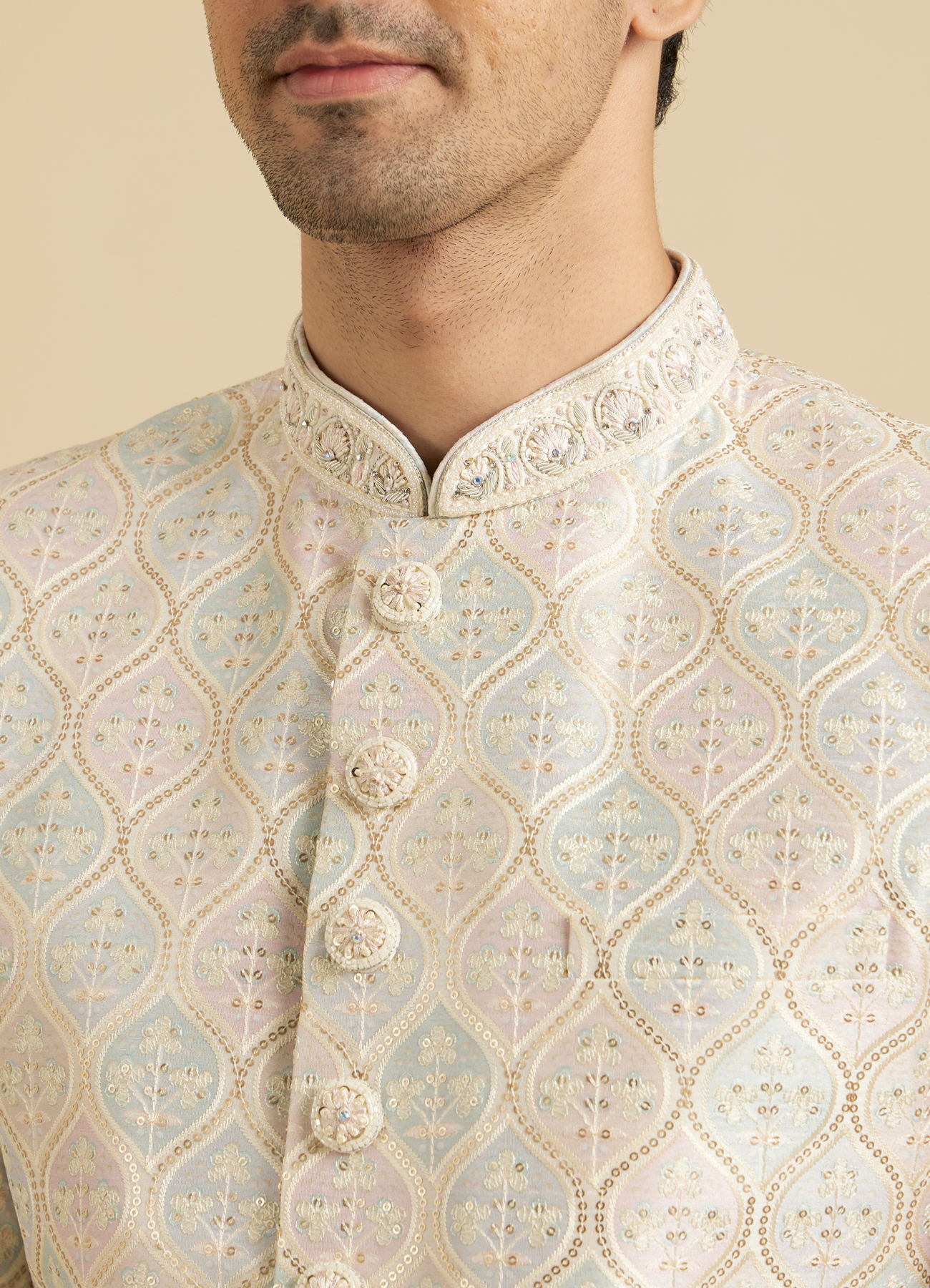 Manyavar Men Cream Pearl Embellished Sherwani