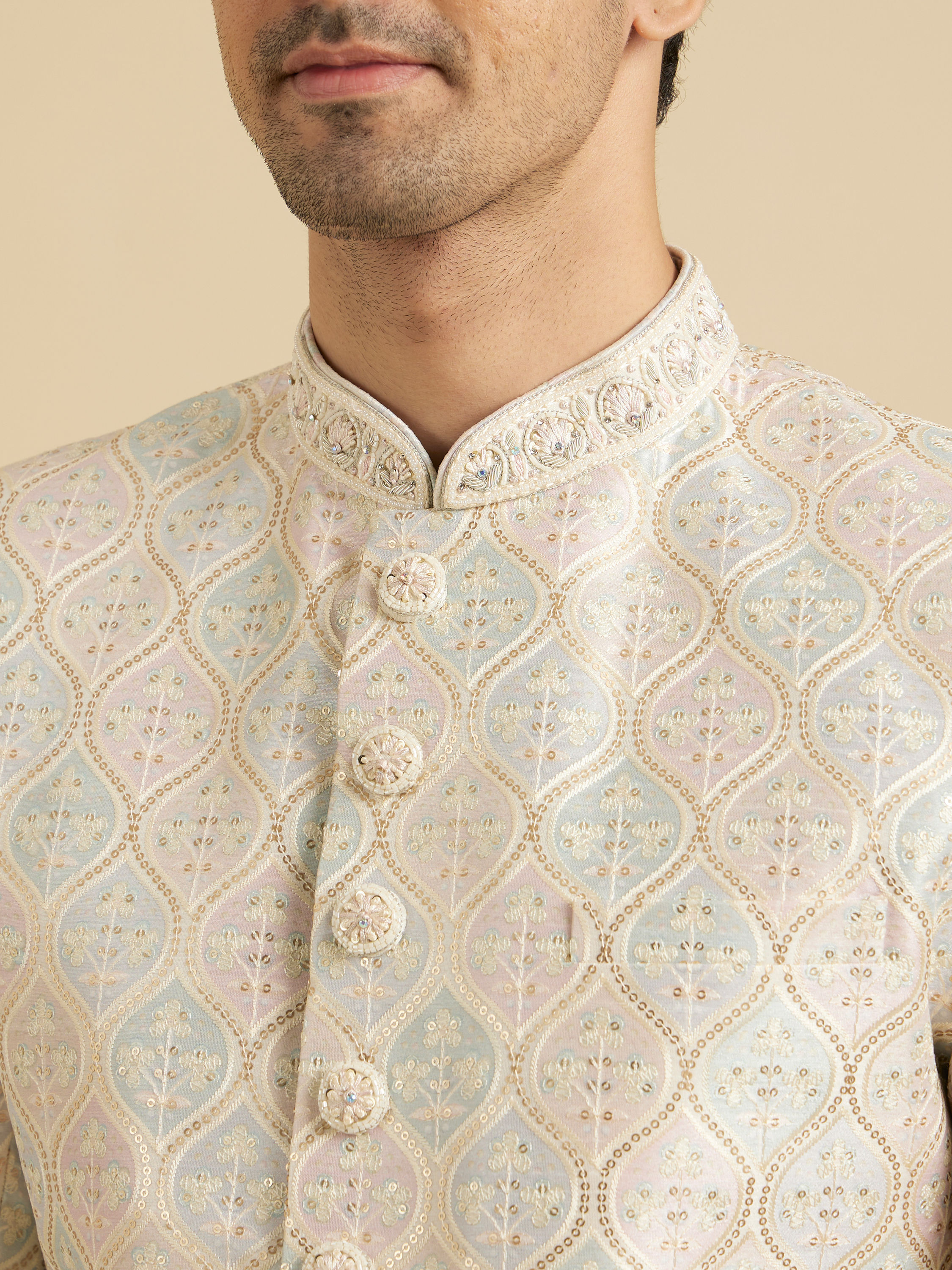Manyavar Men Cream Pearl Embellished Sherwani