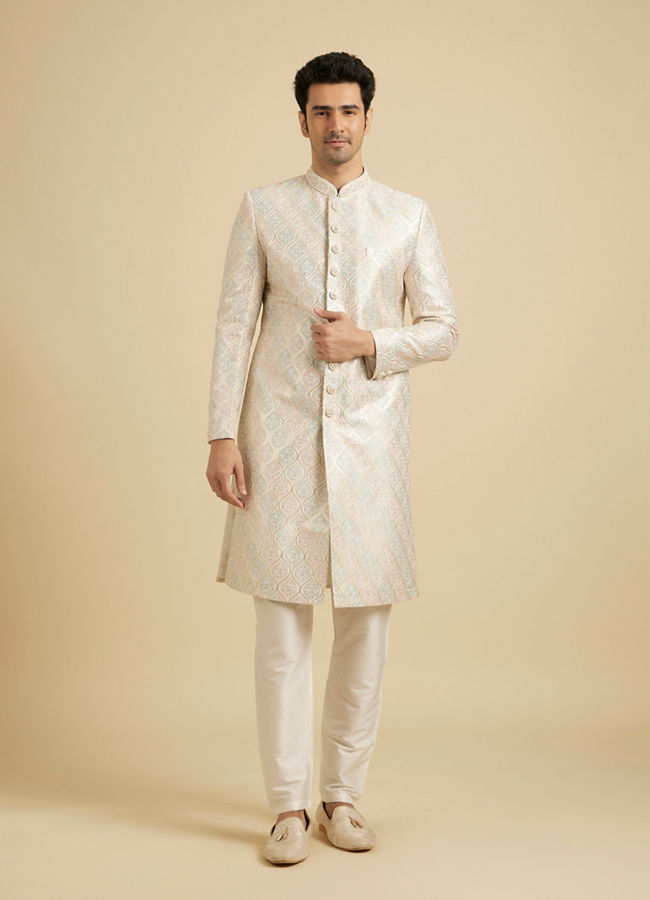 Manyavar Men Cream Pearl Embellished Sherwani