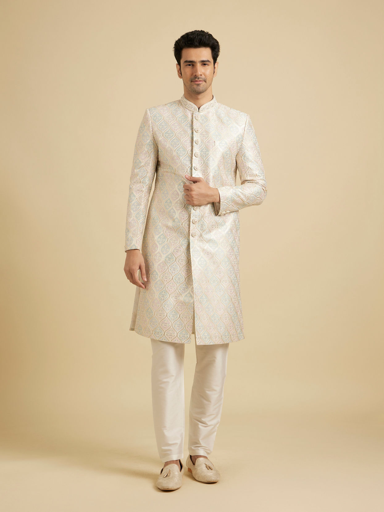 Manyavar Men Cream Pearl Embellished Sherwani