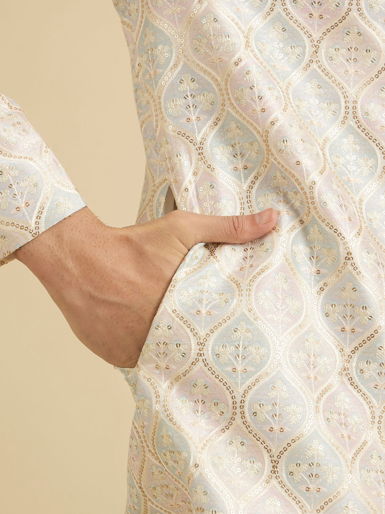 Manyavar Men Cream Pearl Embellished Sherwani