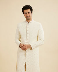 Manyavar Men Cream White Floral Buta Patterned Sherwani Set with Sequin Work