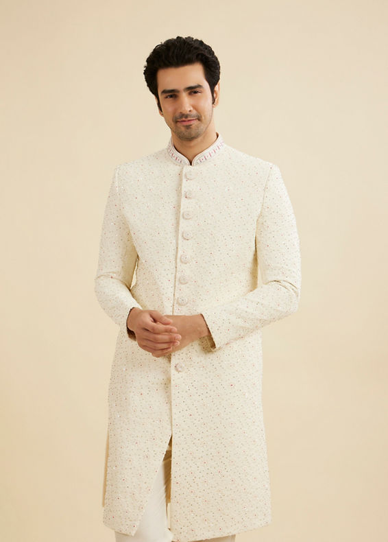 Manyavar Men Cream White Floral Buta Patterned Sherwani Set with Sequin Work