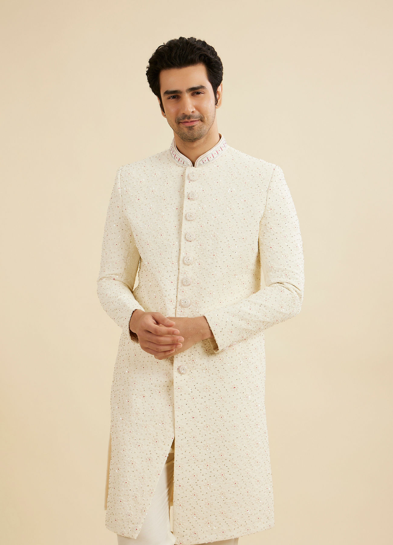 Manyavar Men Cream White Floral Buta Patterned Sherwani Set with Sequin Work