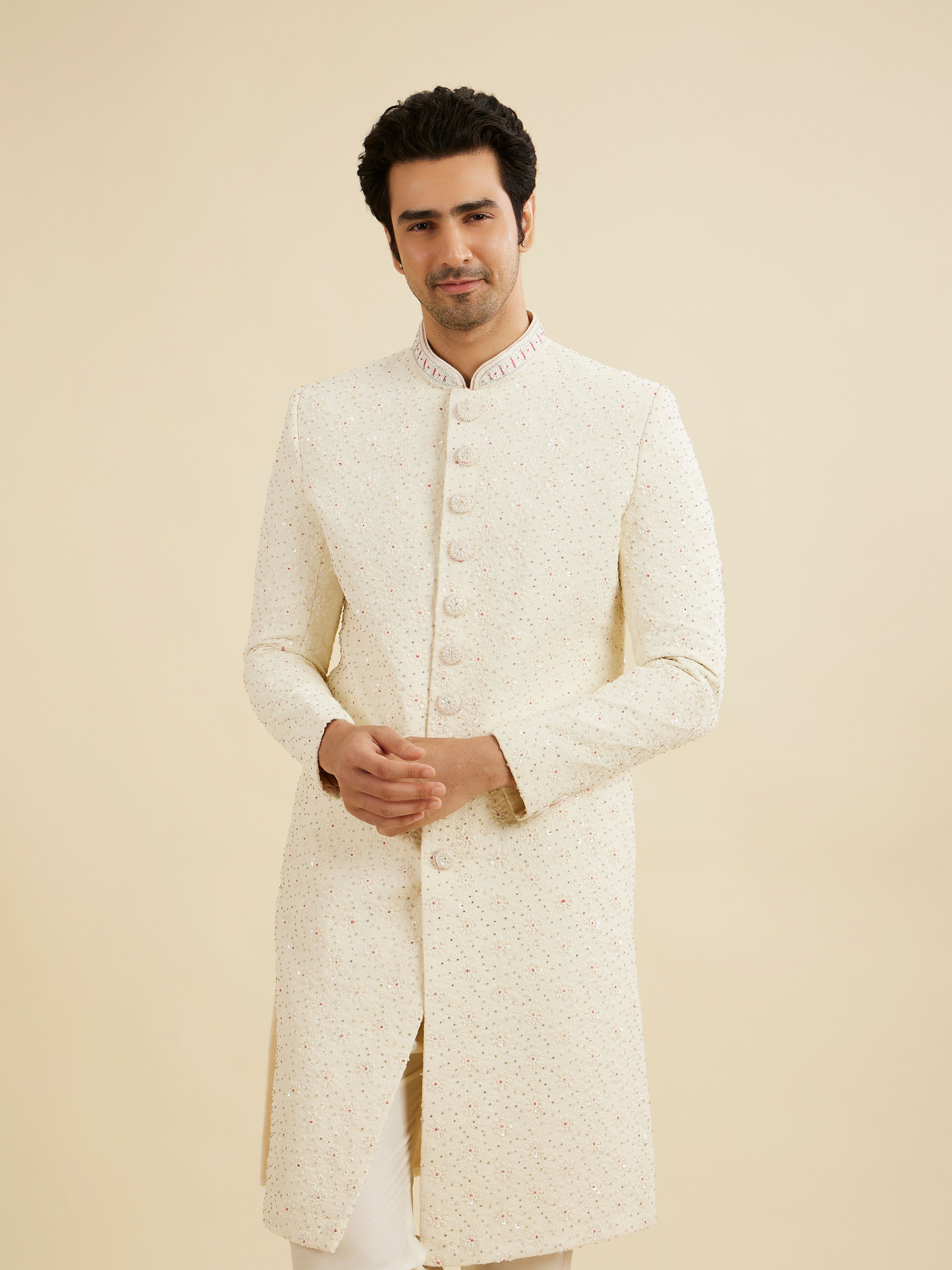 Manyavar Men Cream White Floral Buta Patterned Sherwani Set with Sequin Work