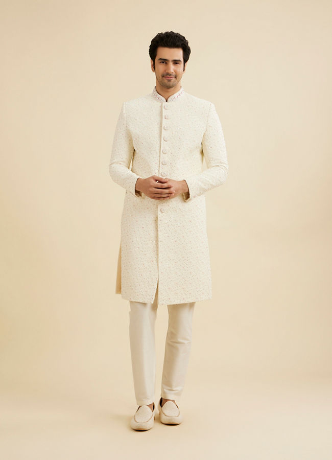 Manyavar Men Cream White Floral Buta Patterned Sherwani Set with Sequin Work