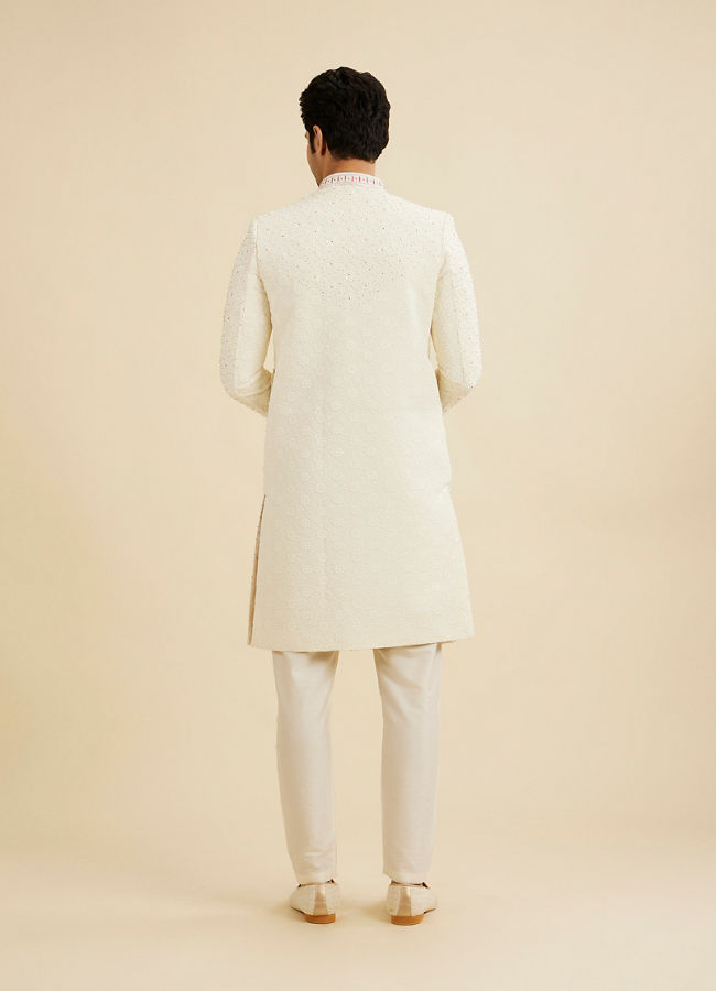 Manyavar Men Cream White Floral Buta Patterned Sherwani Set with Sequin Work