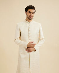 Manyavar Men Cream White Grid Patterned Sherwani Set with Rhinestone Work