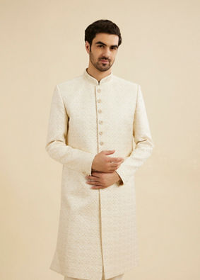 Manyavar Men Cream White Grid Patterned Sherwani Set with Rhinestone Work