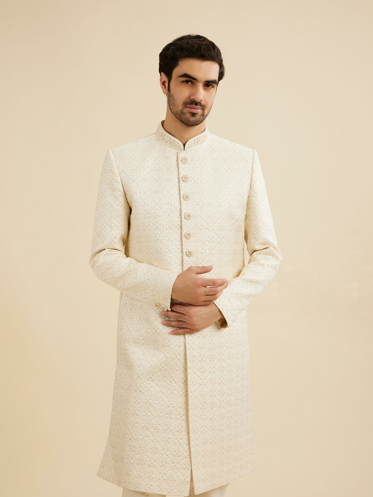 Manyavar Men Cream White Grid Patterned Sherwani Set with Rhinestone Work
