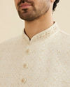 Manyavar Men Cream White Grid Patterned Sherwani Set with Rhinestone Work