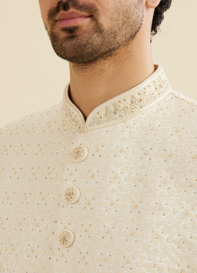 Manyavar Men Cream White Grid Patterned Sherwani Set with Rhinestone Work