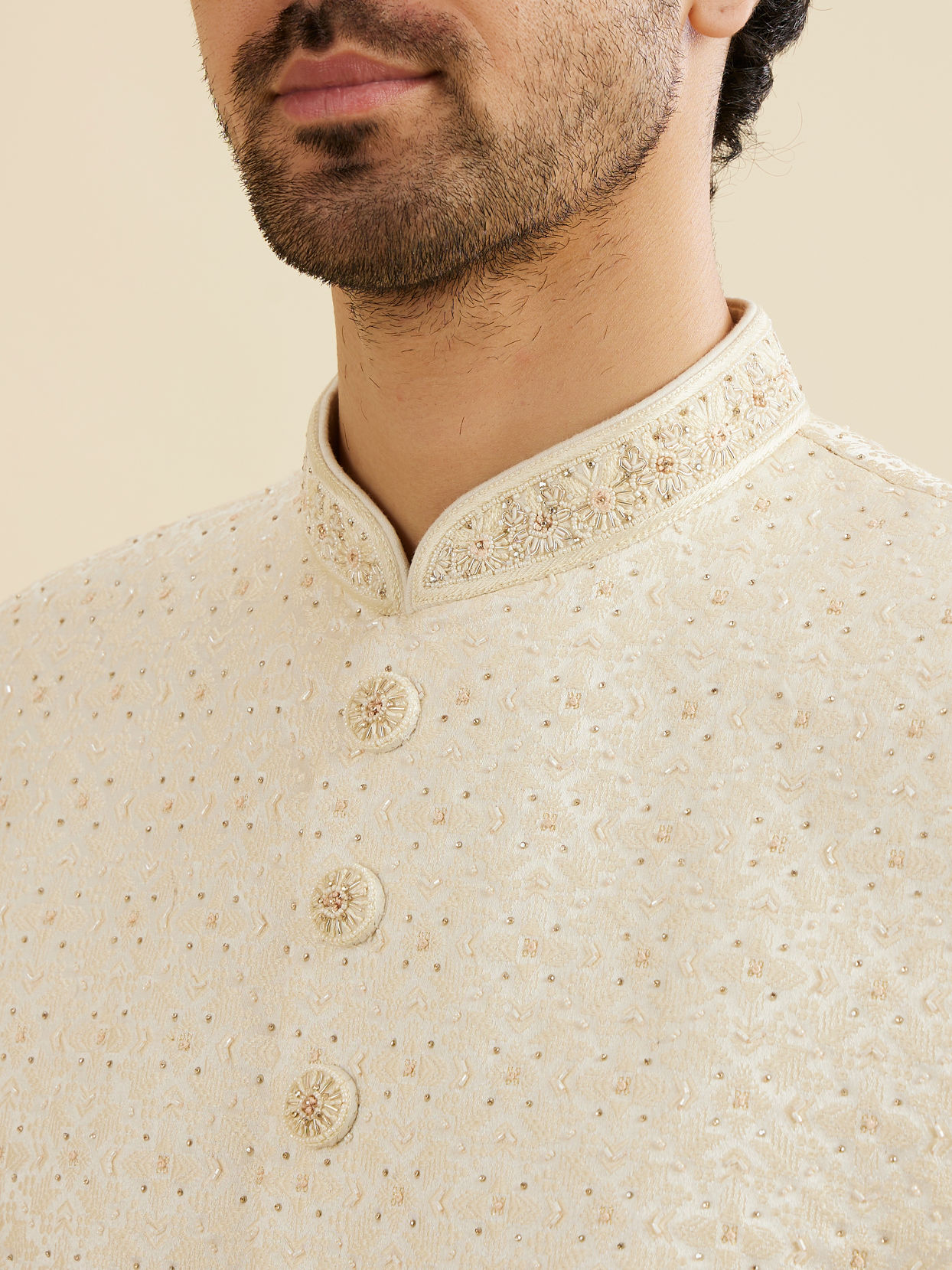 Manyavar Men Cream White Grid Patterned Sherwani Set with Rhinestone Work