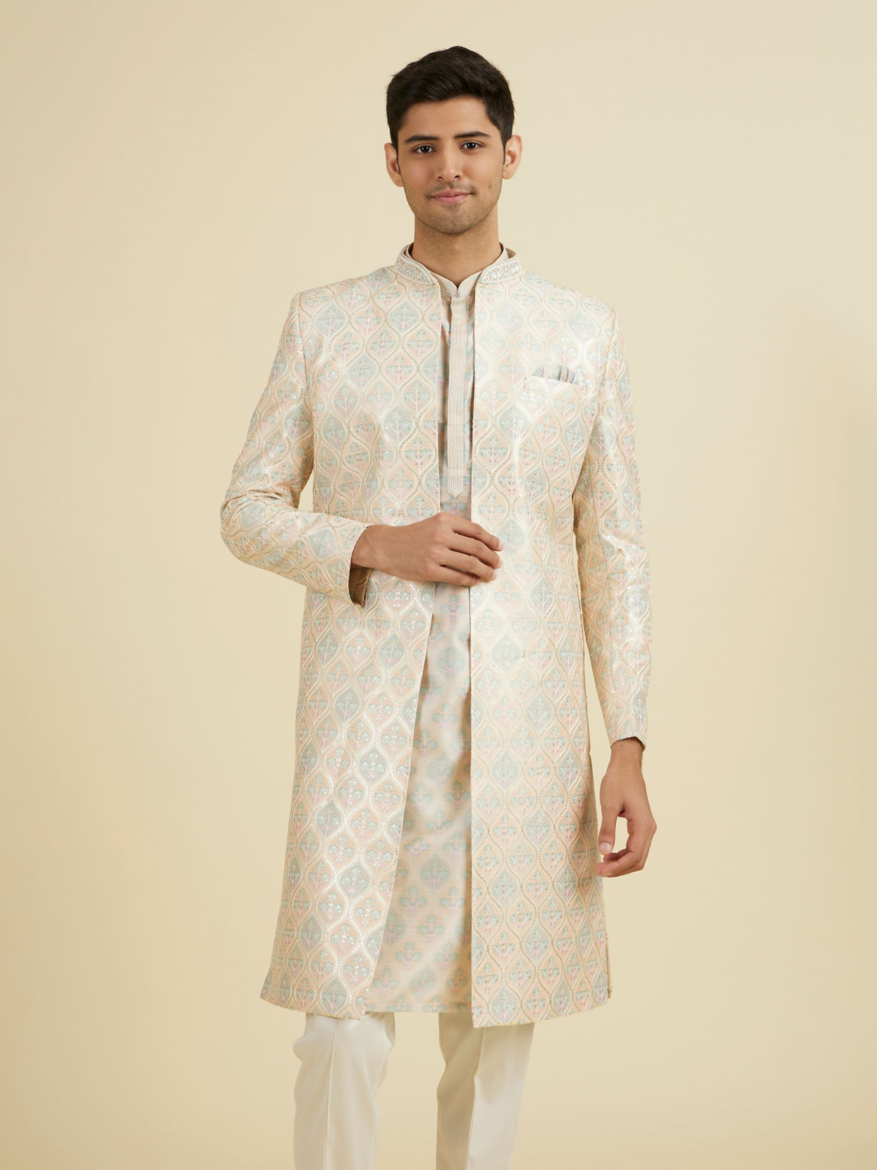 Manyavar Men Peach Majesty Open Sherwani Set