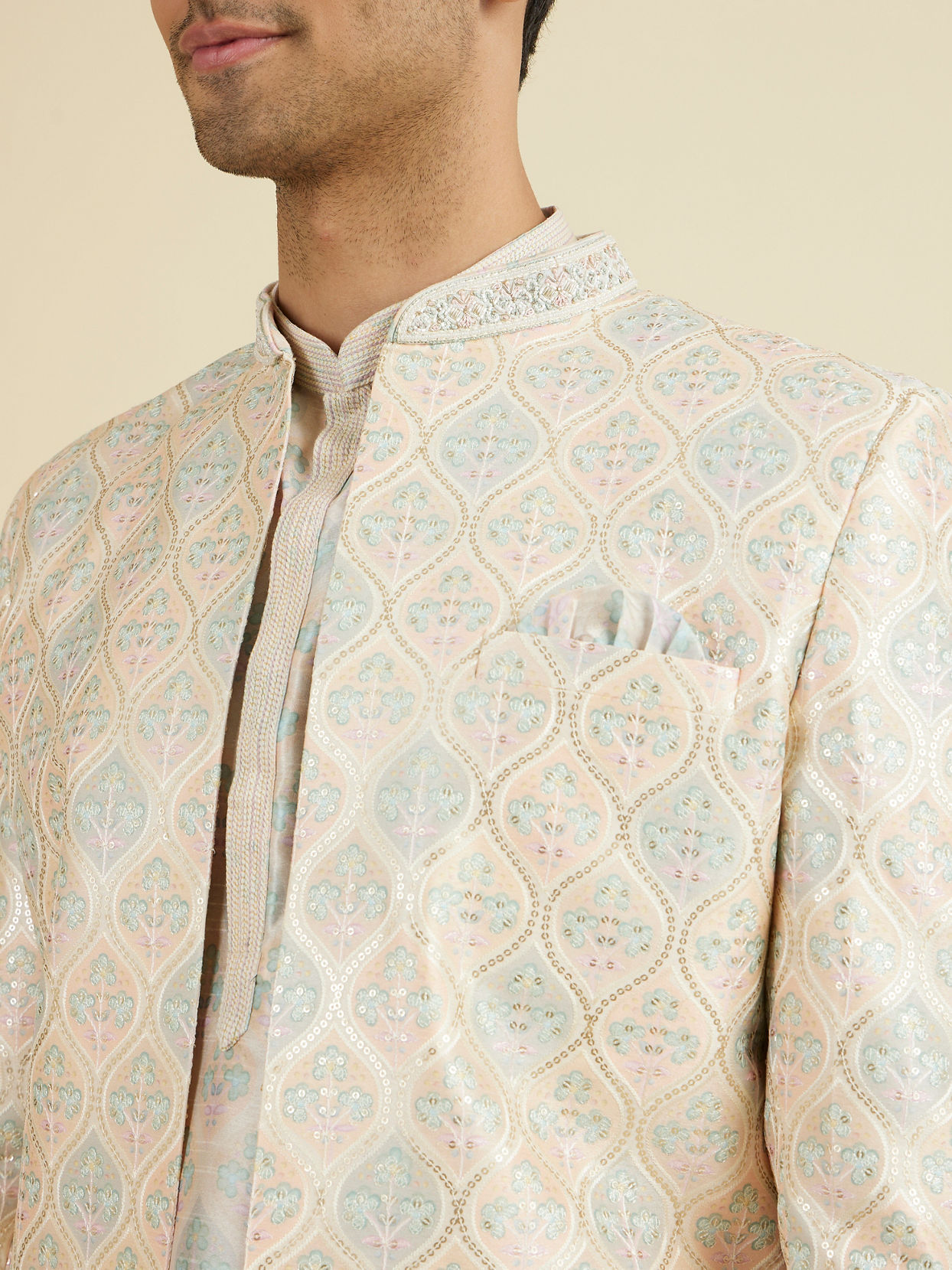 Manyavar Men Peach Majesty Open Sherwani Set