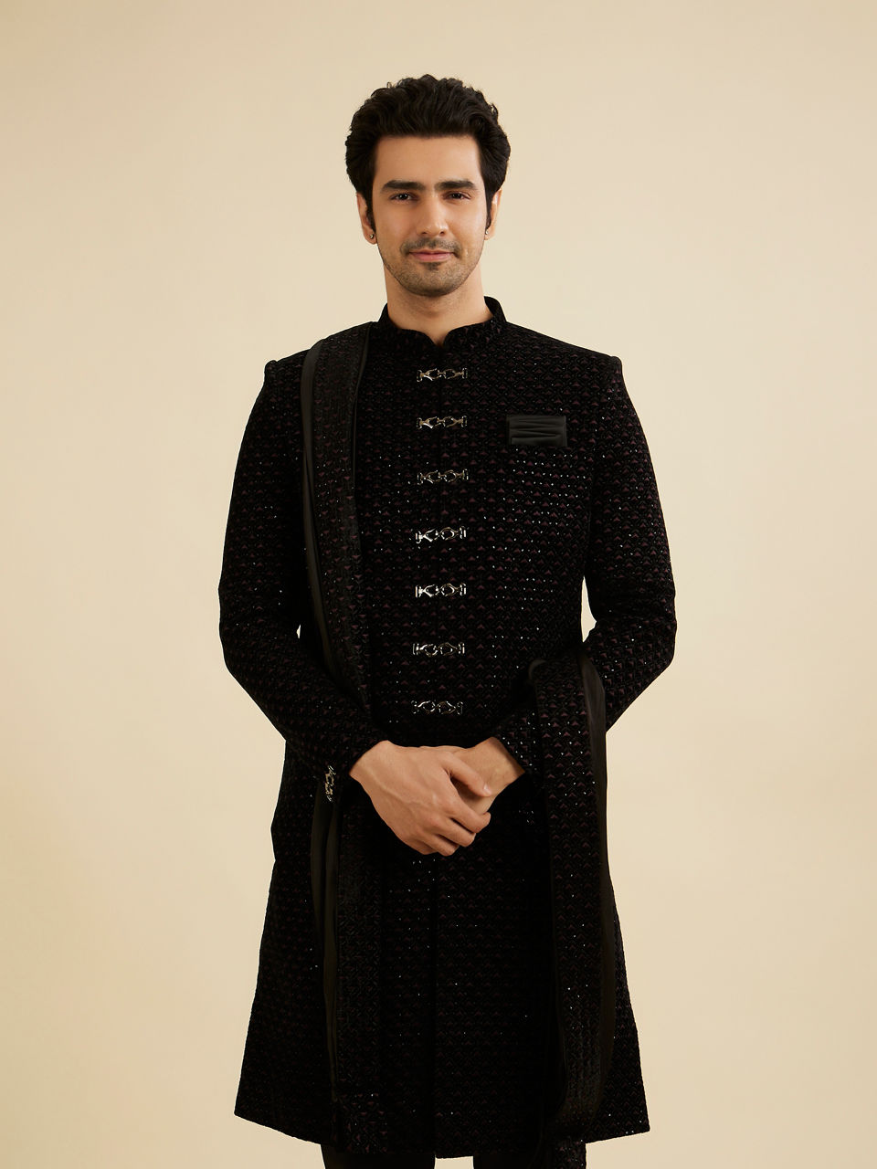 Manyavar Men Opulent Black Velvet Sherwani