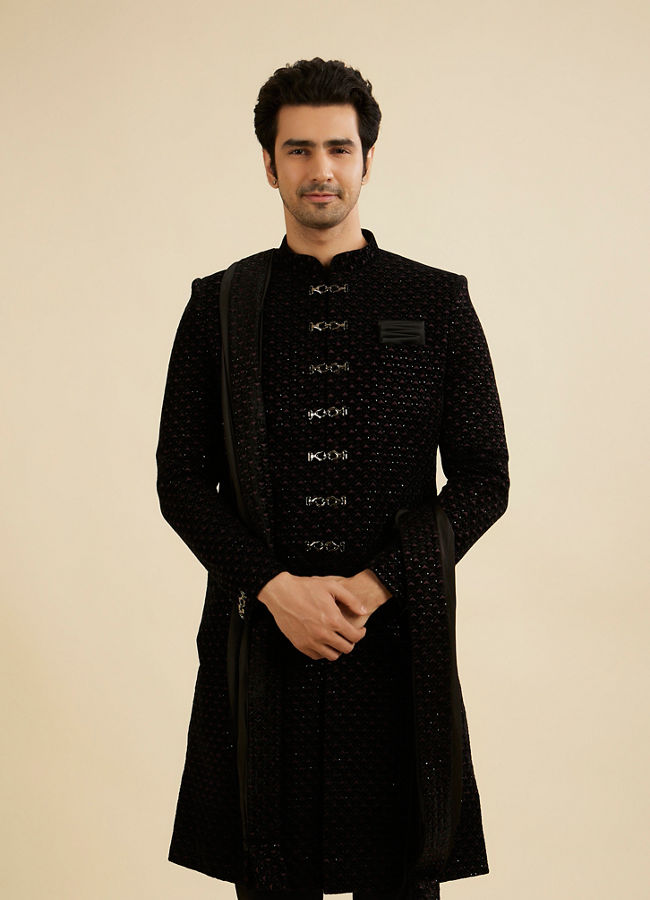 Manyavar Men Opulent Black Velvet Sherwani