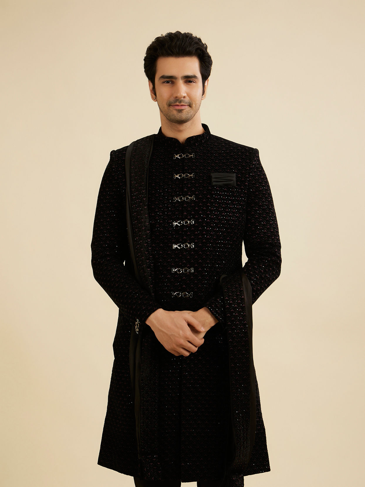 Manyavar Men Opulent Black Velvet Sherwani