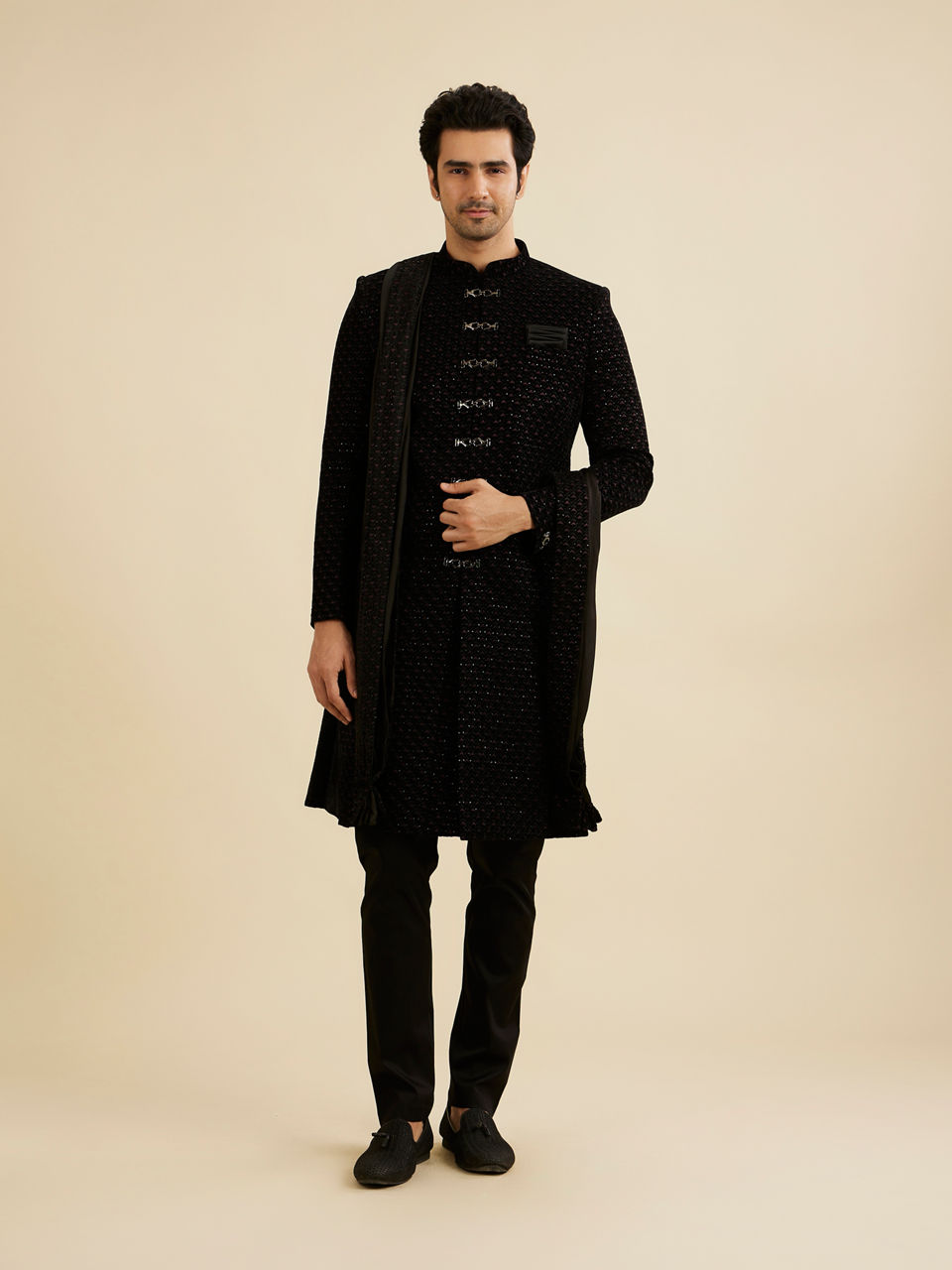 Manyavar Men Opulent Black Velvet Sherwani