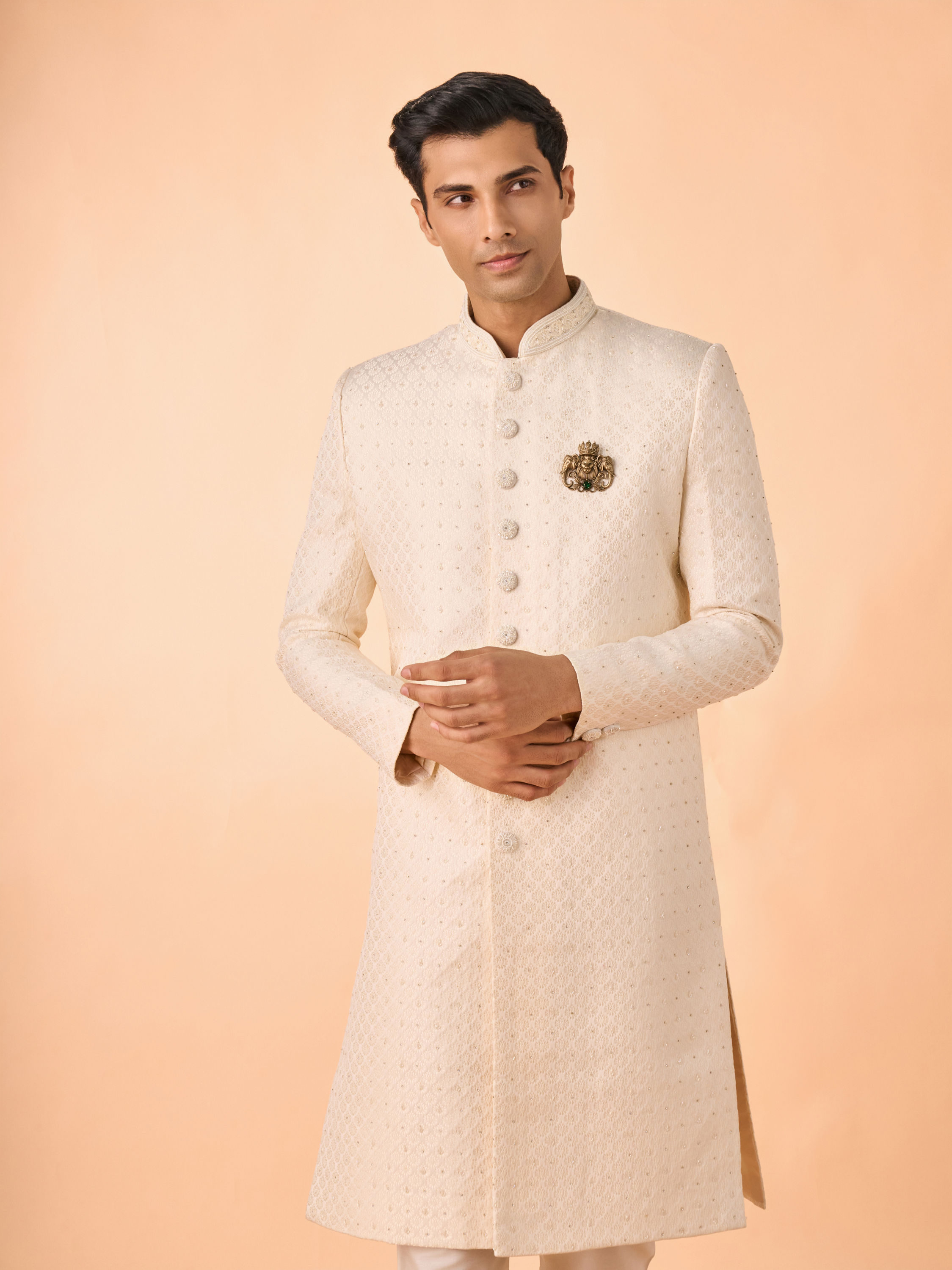 Manyavar Men Regal Cream Brocade Sherwani