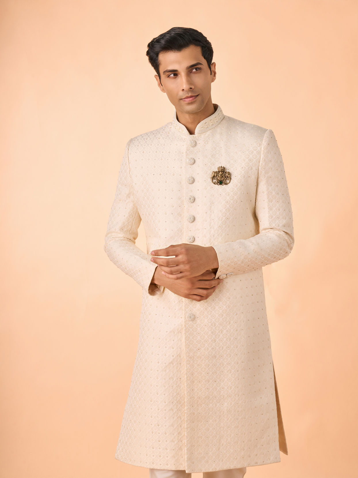 Manyavar Men Regal Cream Brocade Sherwani