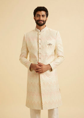 Manyavar Men Cream Art Silk Sherwani