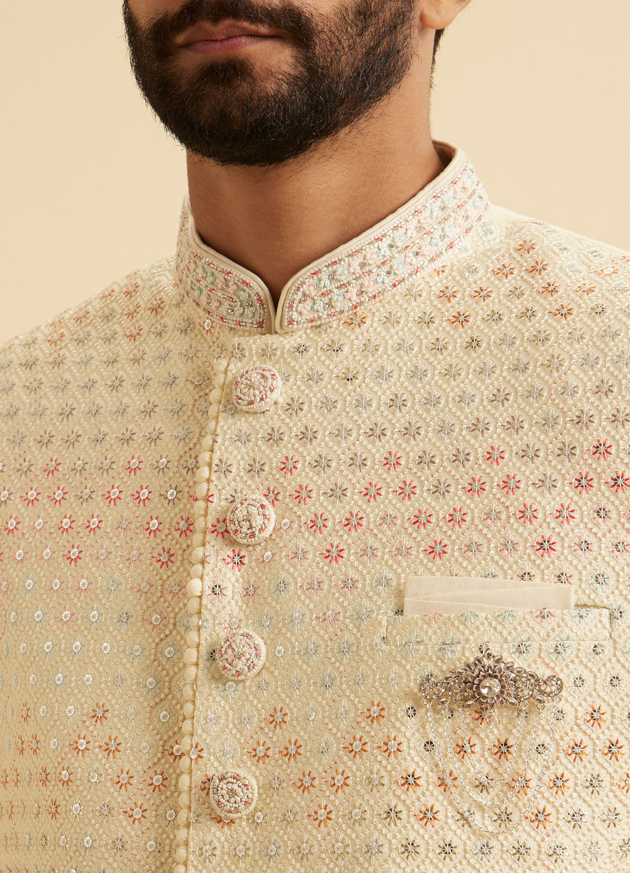 Manyavar Men Cream Art Silk Sherwani