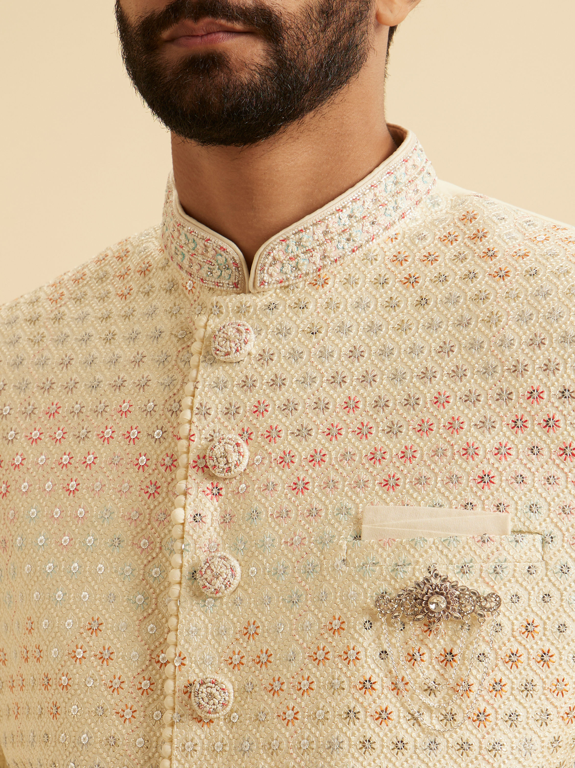 Manyavar Men Cream Art Silk Sherwani