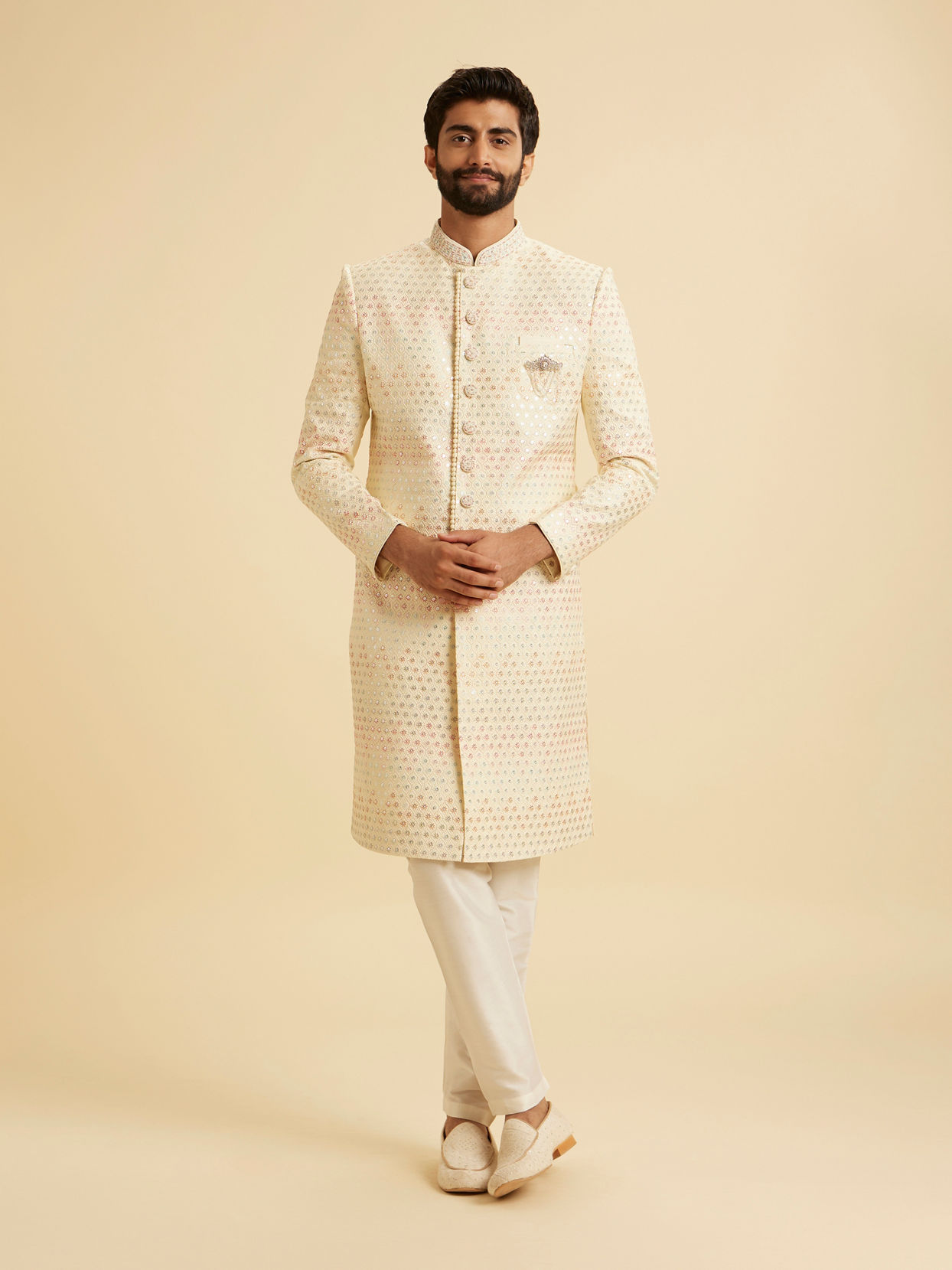 Manyavar Men Cream Art Silk Sherwani