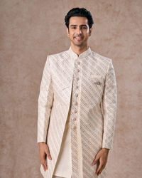 Manyavar Men Cream Ensemble Sherwani  with Brooch