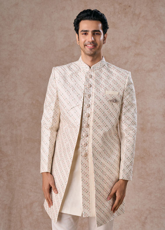 Manyavar Men Cream Ensemble Sherwani  with Brooch