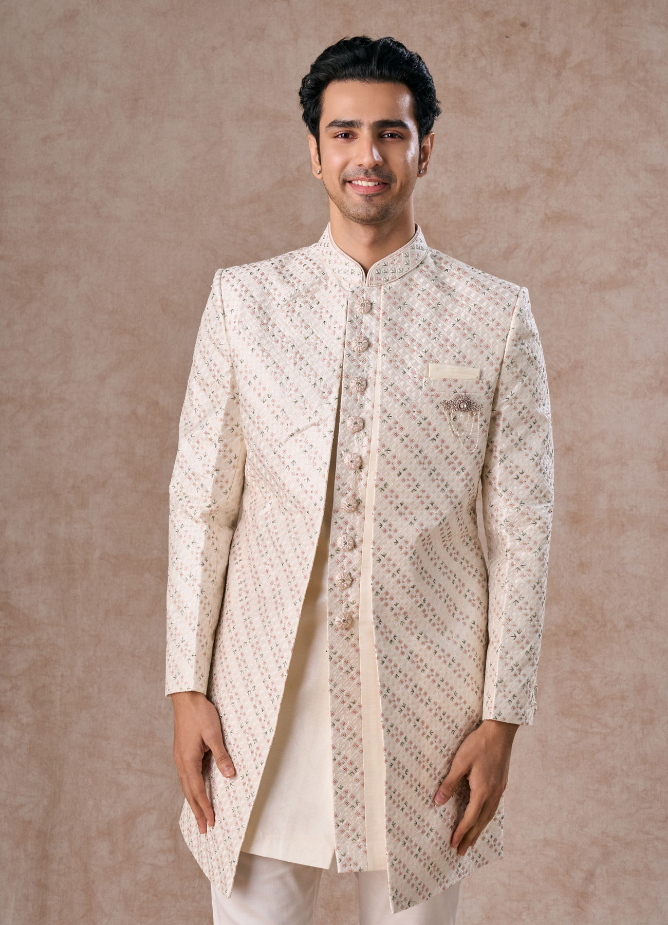 Manyavar Men Cream Ensemble Sherwani  with Brooch